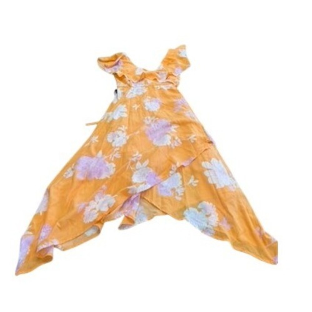 Lulus Orange Floral Ruffle Wrap Maxi Dress Handkerchief Hem M Flutter Sleeve NEW